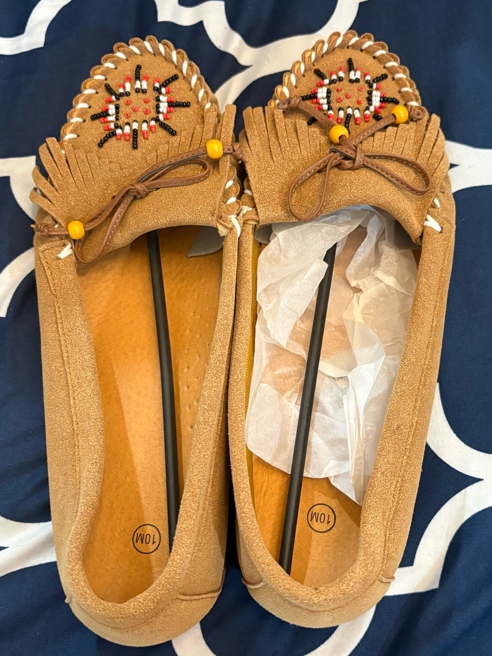 Classic Tan Beaded Fringe Moccasin Flats